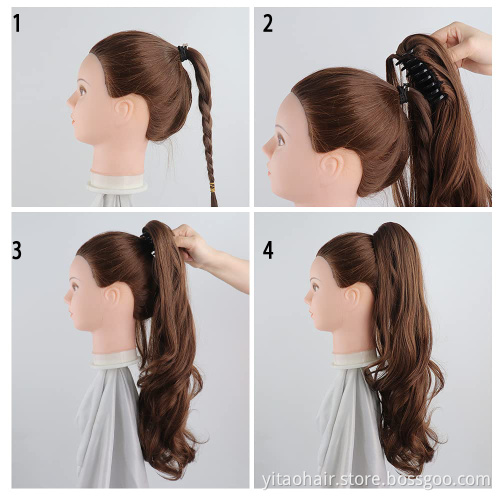 Long Wavy Light Brown Ponytail Claw Hair 24 Inch Long Wave Ponytail Extension Synthetic Wrap Around Drawstring Hair with 1Clips